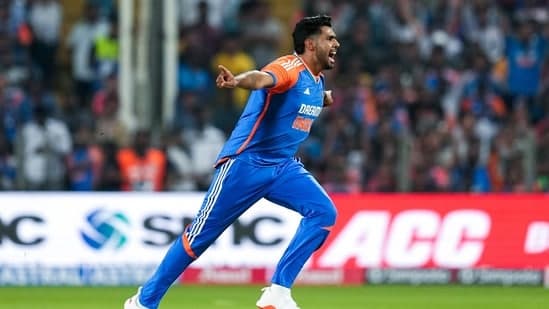 India's Harshit Rana celebrates the dismissal of England's Liam Livingstone during the 4th T20I