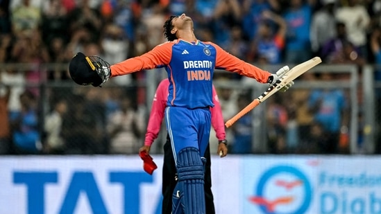 Abhishek Sharma had a night to remember as he put in an all-round performance to help India thrash England by 150 runs in the fifth and final T20I.  (Photo by Punit PARANJPE / AFP)