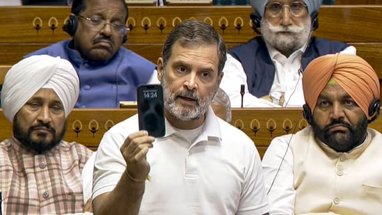 Leader of Opposition in the Lok Sabha Rahul Gandhi speaks in the House during the Budget session of Parliament, in New Delhi on Monday.(PTI)